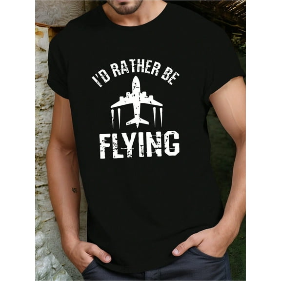Men's "I'd Rather Be Flying" Graphic Tee - 100% Cotton, Comfort Fit, Black Casual T-Shirt with Airplane Design, Machine Washable, All-Season Wear, Airplane T Shirt