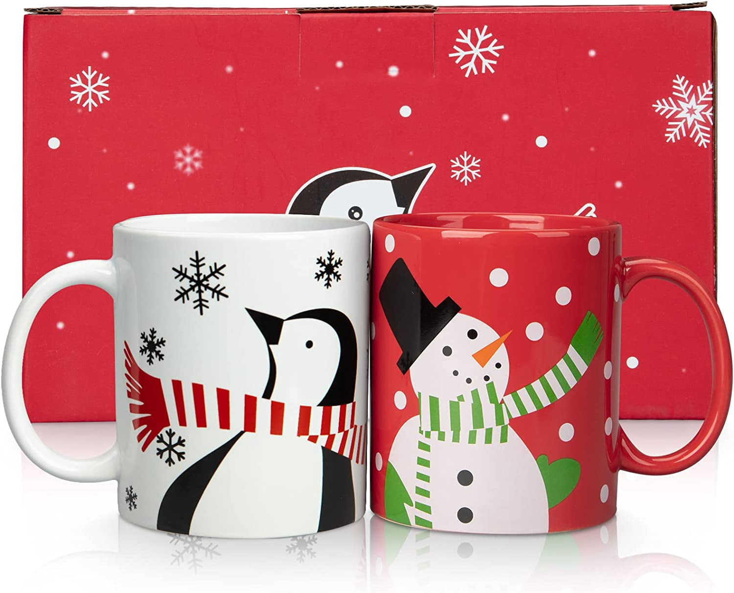 Kitsin Christmas Mugs Set of 2, 12 oz Premium Ceramic Red and White Mugs with Handle, Microwave Safe for Coffee Tea Cocoa Milk Cereal