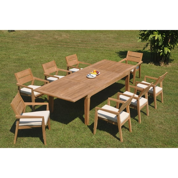 Grade-A Teak Dining Set: 8 Seater 9 Pc: 122" Caranas Double Extension Rectangle Table And 8 Vellore Stacking Arm Chairs Patio WholesaleTeak #WMDSWVm