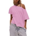 thumbnail image 3 of Czanzd Women's Oversized Off-Shoulder T-Shirt Loose Fit Casual Short Sleeve Top,Pink,M, 3 of 6