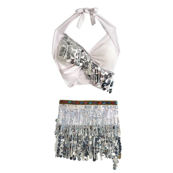 Women's Sparkly 2Pcs Belly Dance Outfits Sequin Tassel Bra Crop Top with Fringe Hip Scarf Sets Sexy Latin Dress