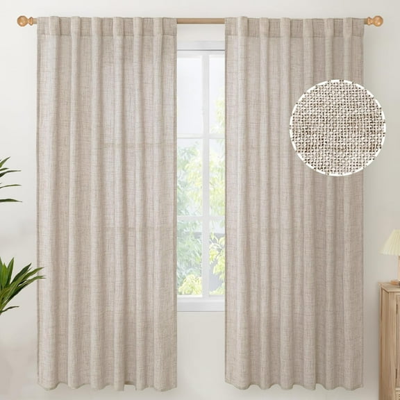 Linen Semi Sheer Curtains 72 Inch Length 2 Panels for Living Room - Light Filtering Drapes with Rod Pocket Back Tab Rustic Beige Window Treatments Dining Bedroom 52 X