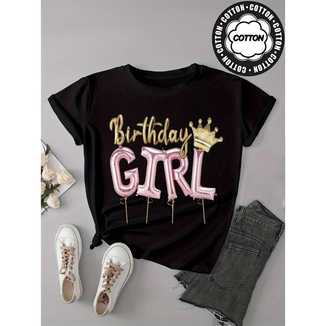 Girls Happy Birthday’Cartoon Cotton Print Letter Print Children's Casual Outdoor Short-sleeved T-shirt, Crew Neck, Cotton, The Best Gift for Girls and Boys Under 12 Years Old