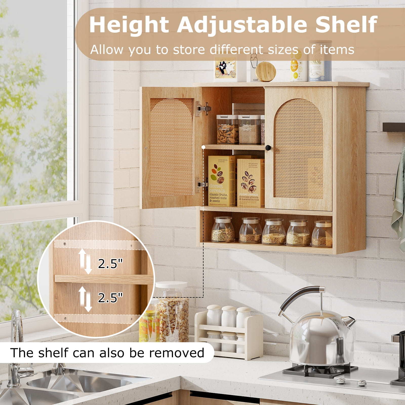 Giantex Bathroom Wall-Mounted Cabinet, Faux Rattan Medicine Cabinet w/Adjustable Shelves, Storage Cabinet Over Toilet
