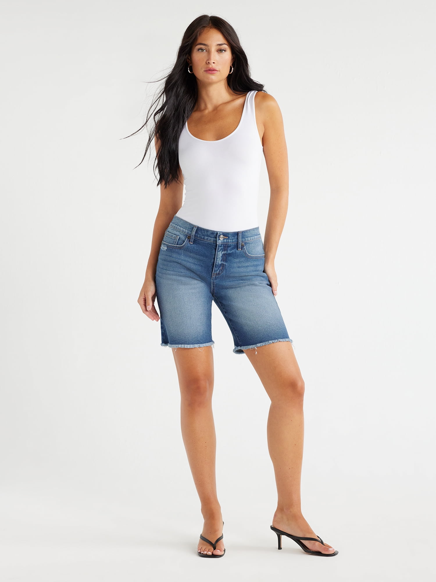 Sofia Jeans Women's Gabriella Bermuda Mid Rise Distressed Shorts, 8" Inseam, Sizes 2-20