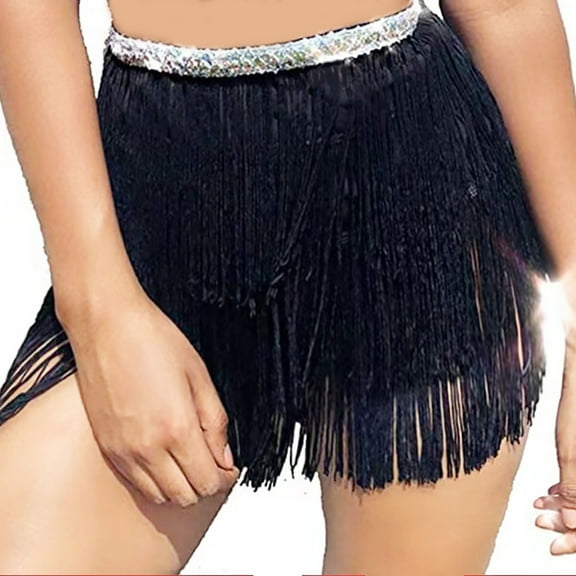 Mqqzkk Women Dance Mini Skirt Fringe Mid Waist Skirt Tassel Belly Dance Hip Scarf Skirts Party Belts Costume Skirt
