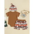 thumbnail image 3 of SUNSIOM Toddler Boy Shorts Outfit Letter Print Short Sleeve Romper with Cattle Pattern Shorts Hat Set, 3 of 6
