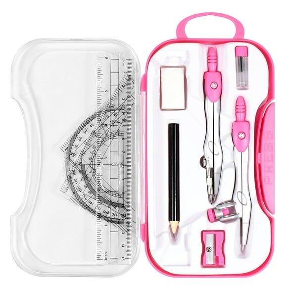 Geometry Set 10 Pieces Student Supplies with Shatterproof Storage Box,Includes Rulers,Protractor,Compass,Eraser,Pencil Sharpener,Lead Refills,Pencil（Pink）