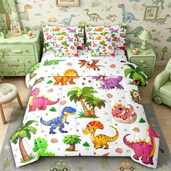 Metsweet 3D Cute Dino Twin Bedding 7-Piece, Cartoon Animal Bedding Comforter Set, Pink Orange Purple