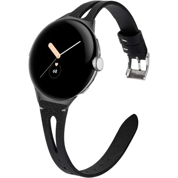 KOMI Compatible for Google Pixel Watch 2 Band, Slim Vintage Leather Strap Replacement for Women, Man, Wristband Accessories Compatible with Google Pixel Watch/Pixel Watch 2 Black