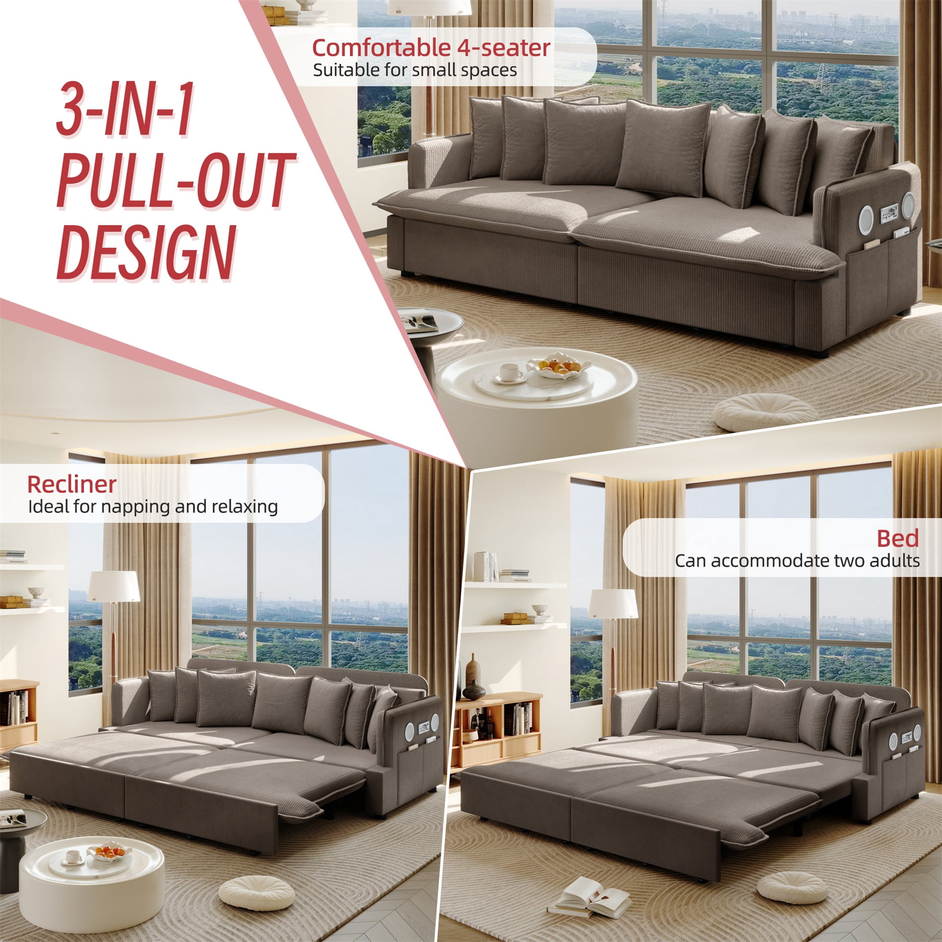 Alvantor 3 in 1 Convertible Sleeper Sofa Bed, 82" W Pull Out Sofa Bed with Bluetooth Speakers, USB Ports for living room, Apartment, Brown