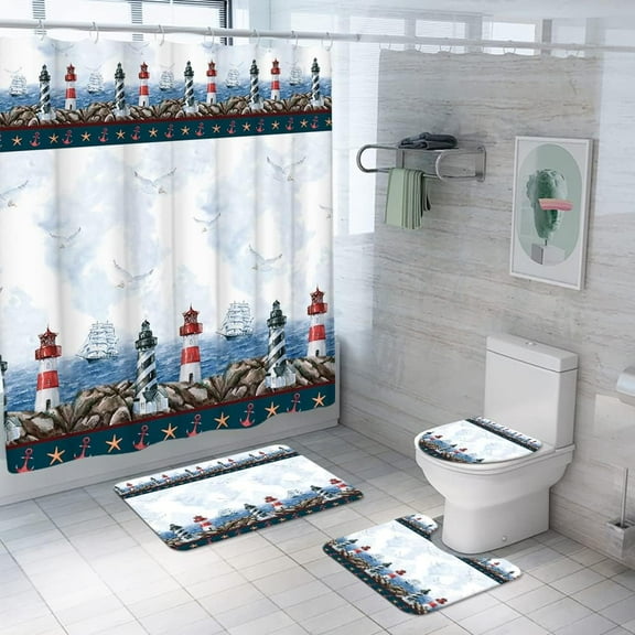 4 Pcs Lighthouse Shower Curtain Set with Non-Slip Rug Toilet Lid Cover and Bath Mat Nautical Sailboat Bathroom Curtain Seascape Fabric Bathtub Decor