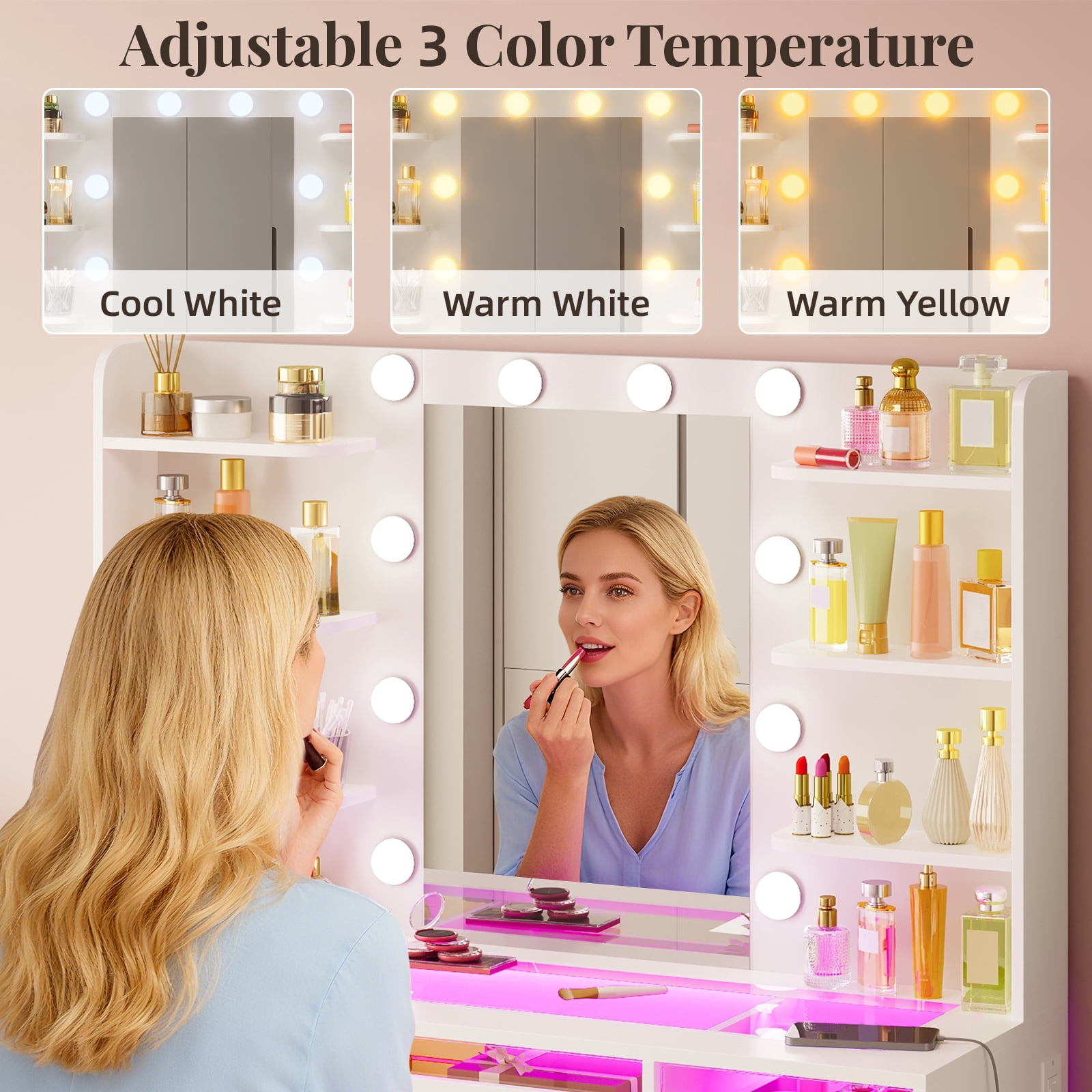 TOMNK Vanity Desk with Mirror and Lights, Transparent Top, 3 RGB Drawers, Shelves & Cabinets, White