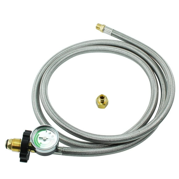 MENSI Boyau Queue de Cochon de Propane à Tuyau Évasé Mâle Inversé en NPT Universel Tressé Amélioré de 6 Pi, 1/4 Po, avec Jauge pour Régulateur Standard à Deux Étapes