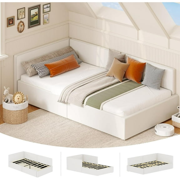 GarveeHome Twin Daybed with Guardrails, Velvet Upholstered Corner Bed Frame, Adjustable Headboard, No Box Spring Needed, Beige