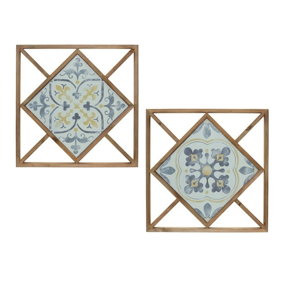 Ornamental Wall Tile Set - 2 Framed Plaques - 14.25 Inch Square - Home Decor Accents
