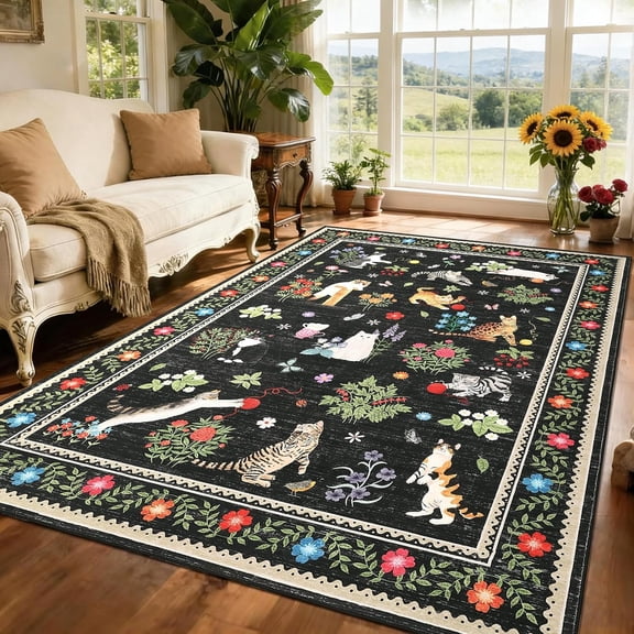 Cat Area Rug Living Room 5x7 Rugs for Kids Room, Modern Floral Animal Print Throw Rugs Washbale, Non Slip Non Shedding Farmhouse Carpet Stain Resistant Soft Mats for Bedroom, Dining Room, Black 2*6ft