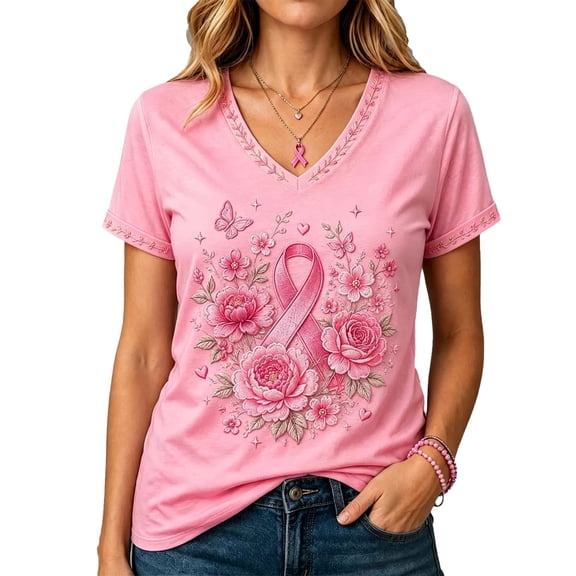 Domuza Breast Cancer Awareness Shirts Women Hummingbird Graphic Cancer Survivor Short Sleeve V-Neck T-Shirts ,in October We Wear Pink T-Shirts S