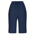 thumbnail image 5 of Women's Cotton Linen Shorts, High Waisted Wide Leg Knee Length Casual Shorts with Pockets and Side Split, Elastic Drawstring Beach Shorts for Summer Vacation and Daily Wear Dark Blue M, 5 of 5