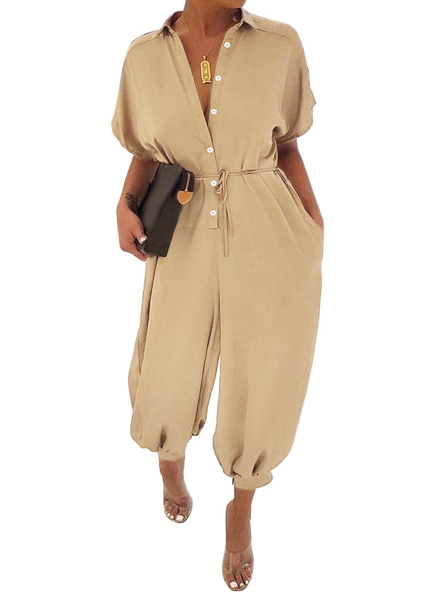 Women Plus size Loose baggy Fit Short Sleeve Jumpsuits Belted Long Romper Trousers Khaki