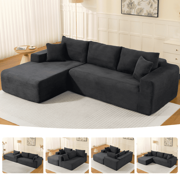 108" Cloud Couch Sectional, Deep Seating Modular Sofa with L-Shaped Chaise, Boneless Upholstered Corduroy Sectional for Living Room or Apartment, No Assembly Required (Grey, Left Facing Chaise)