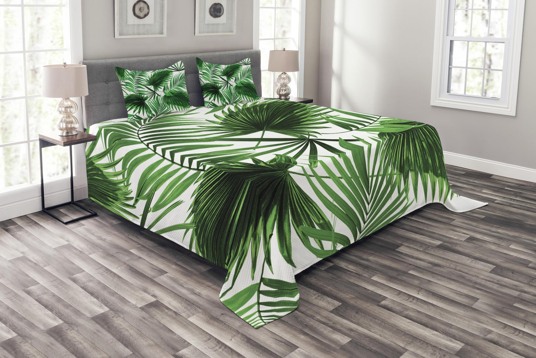 Palm Leaf Bedspread Set King Size, Realistic Vivid Leaves of Palm Tree