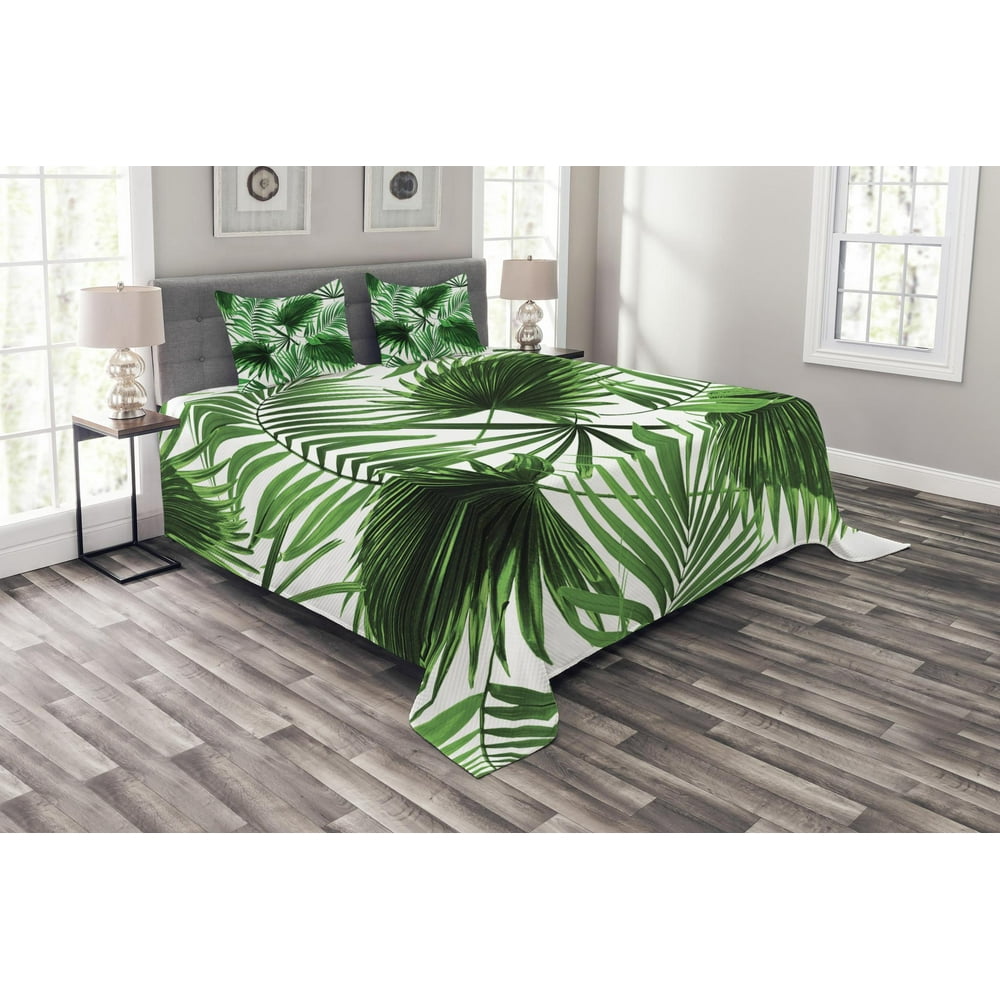 Palm Leaf Bedspread Set King Size, Realistic Vivid Leaves of Palm Tree