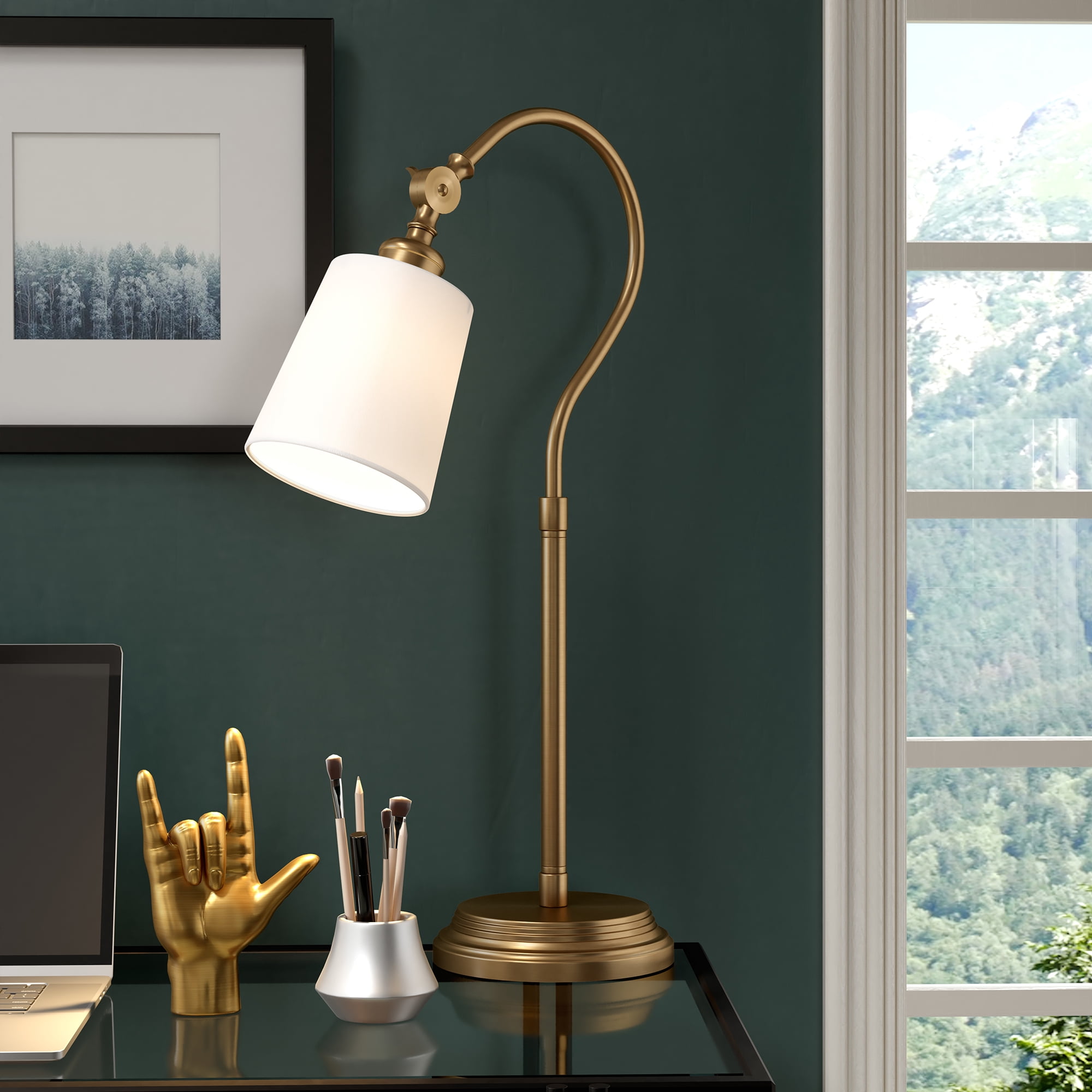 Evelyn&Zoe Harland 25" Tall Arc Table Lamp with Fabric Shade, Brushed Brass/White