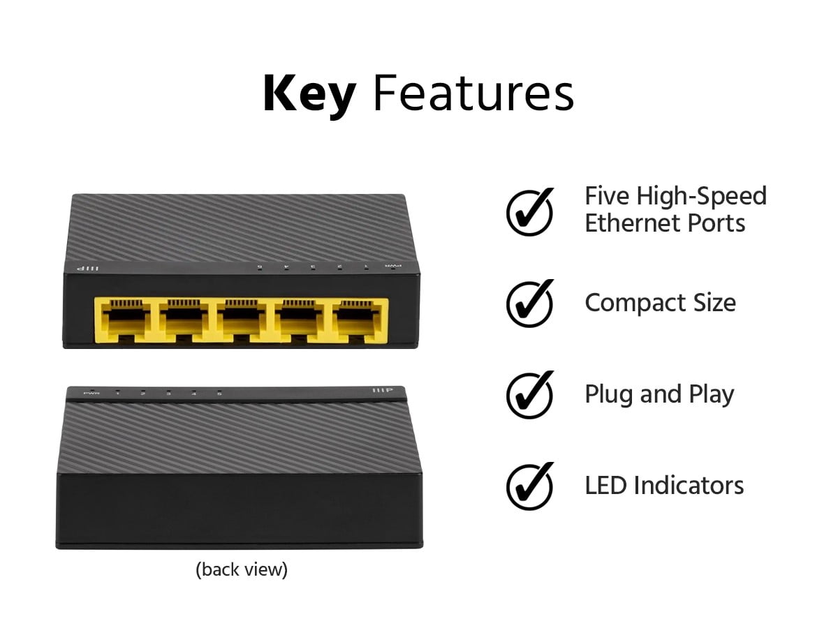 Monoprice 5-Port 10/100/1000Mbps Gigabit Ethernet Unmanaged Desktop Switch, IEEE 802.3ab, Cat5e, Plug and Play, Fanless Design, for Gaming and Streaming