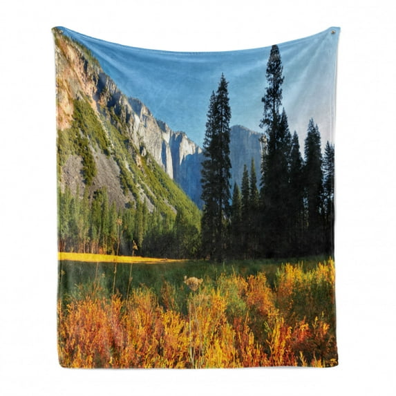 Yosemite Soft Flannel Fleece Blanket, Bird's Flight Flies over Mountains Yosemite National Park Early Fall Season, Cozy Plush for Indoor and Outdoor Use, 60" x 80", Orange Blue Green, by Ambesonne