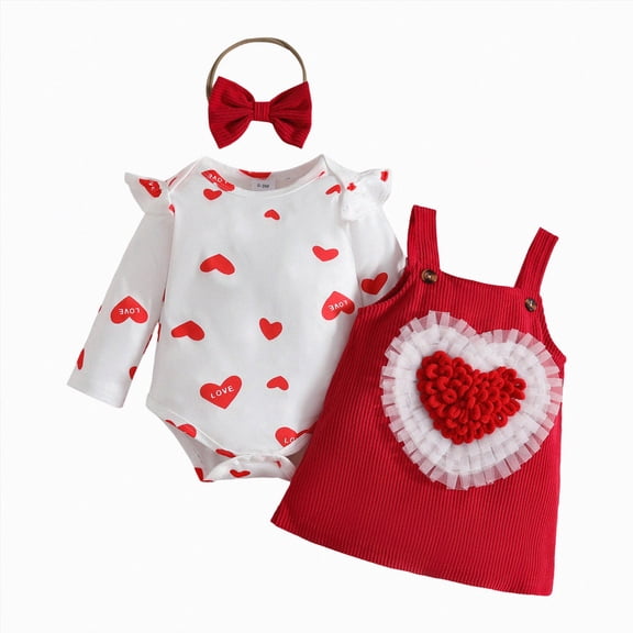 NOLDARES Baby Girl Clothes Fall Winter Outfits Long Sleeve Romper Cartoon Suspender Skirt Bow Headband Set 0-24 Months(Red,12-18 M)
