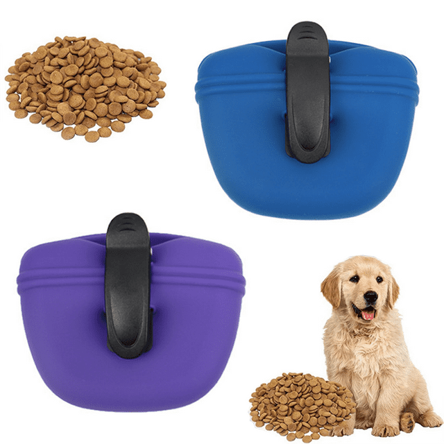 Juego de 2 bolsas de silicona para premios de perro: bolsa pequeña de entrenamiento, bolsa portátil para premios de perro con correa, cierre magnético y clip para la cintura (solo la bolsa, azul).