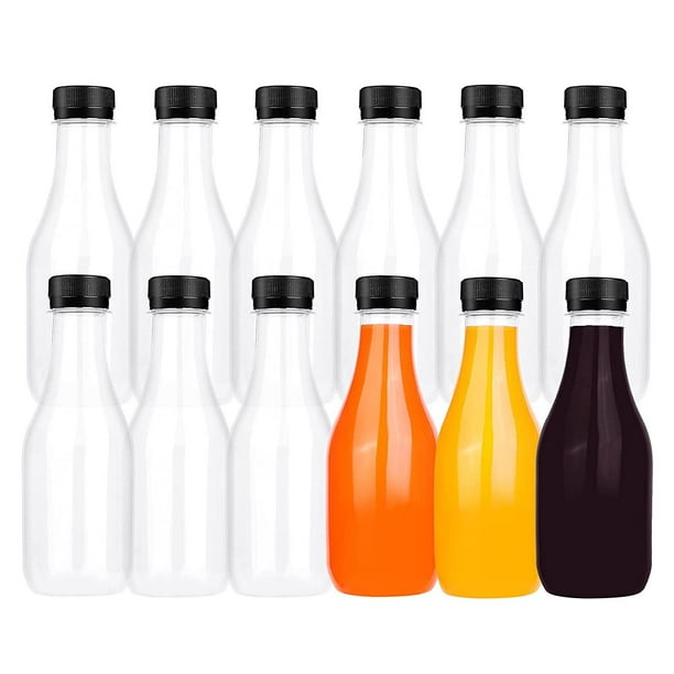 Paquete de 12 botellas de jugo de 10 Oz, botellas de jugo de plástico transparente reutilizables con tapas para leche, bebidas frías y jugos caseros