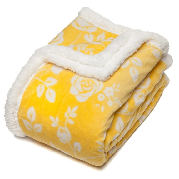 Chanasya Elegant Rose Soft Fleece Reversible Sherpa Throw Blanket - Cozy Classy Chick Elegant Floral Print Velvet Plush blanket for Bedroom Living Room Couch Bed Sofa - 50"x65" - Yellow