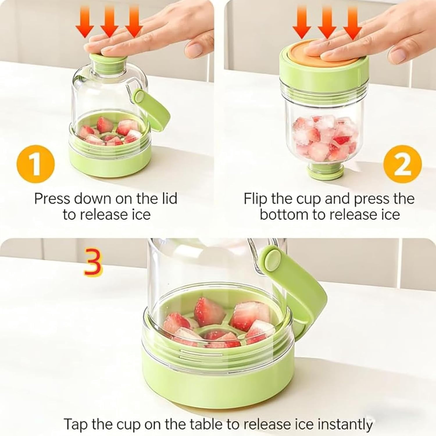 Multifunctional Transparent Water Bottle Ice Maker with Ice Tray, 2-in-1 Portable Ice Cube Bottle with Handle, Touch-Free Press Release Silicone Mold, Leak-Proof for Travel Gym Office Home (Beige)