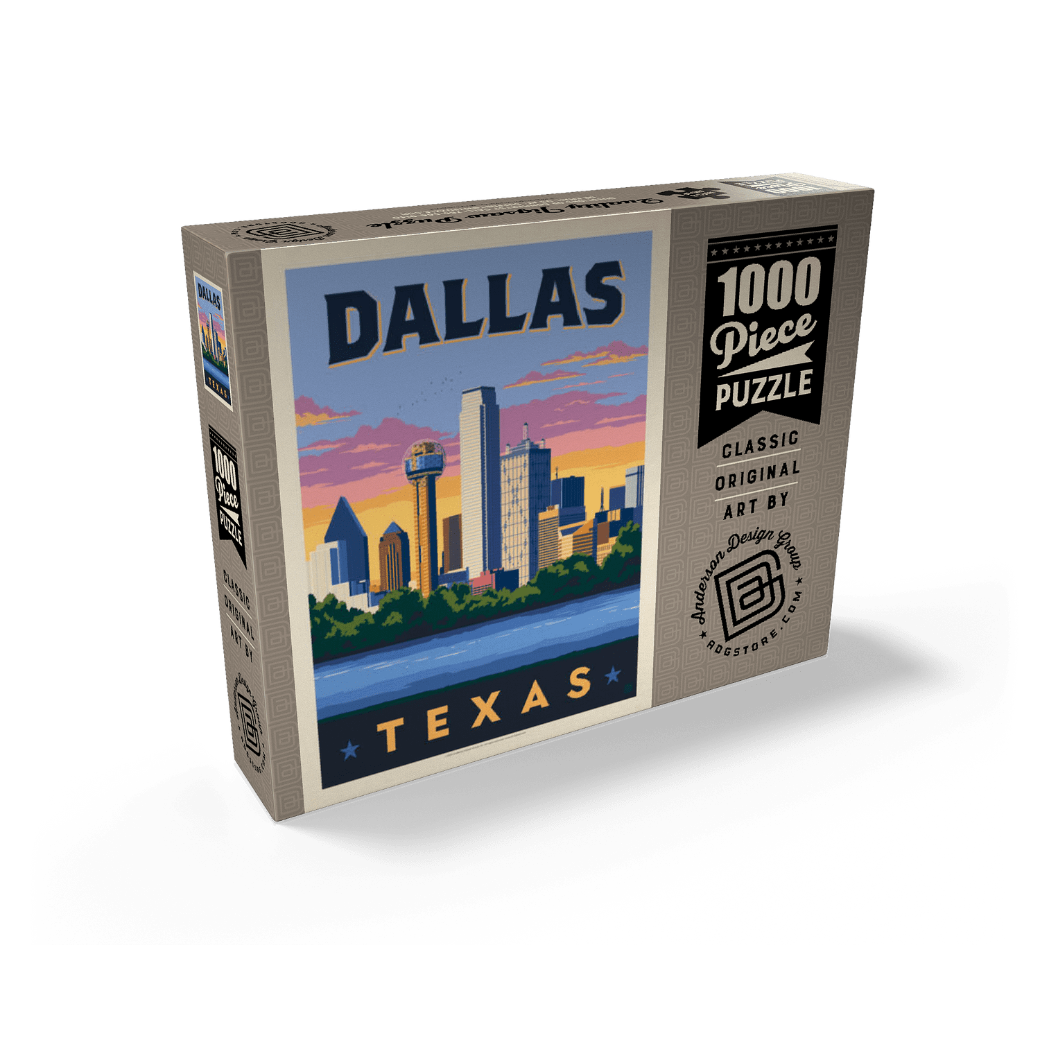 MyPuzzle - Dallas, Texas: Downtown River View, Vintage Poster - Premium 1000 Piece Jigsaw Puzzle for Adults