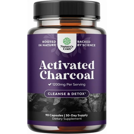 Natures Craft 1200mg Activated Charcoal Capsules, Detox & Bloating Relief Supplement, 90 Capsules
