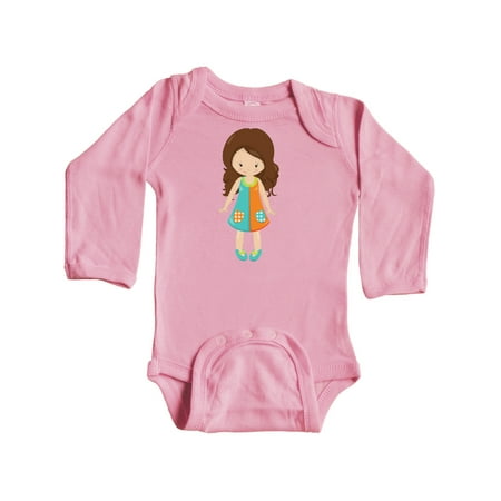 

Inktastic Fashion Girl Brown Hair Colorful Dress Blue Shoes Gift Baby Girl Long Sleeve Bodysuit