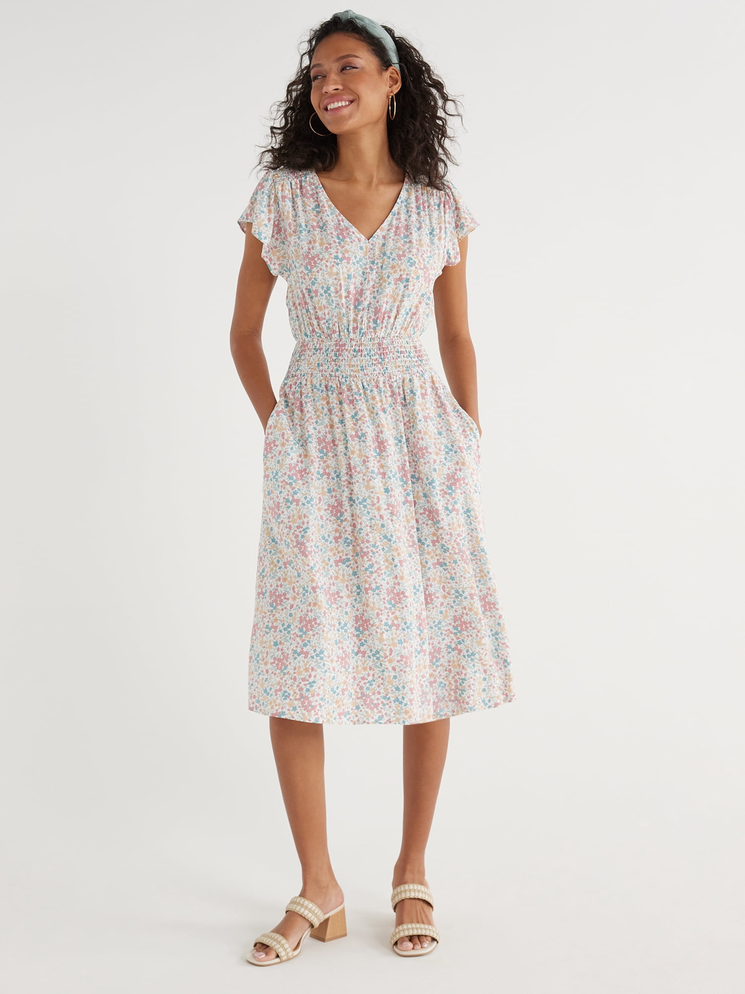 Time and Tru Women’s Smocked Waist Midi Dress with Short Sleeves, Sizes XS-XXXL