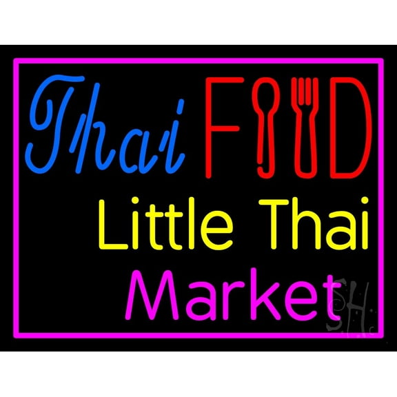 Thai Food Little Thai Market LED Neon Sign 24 x 31 - inches, Black Square Cut Acrylic Backing, with Dimmer - Bright and Premium built indoor LED Neon Sign for restaurant window and interior decor.