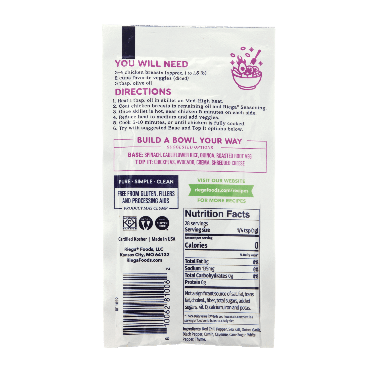 Riega Blackened Chicken Bowl Original Seasoning Mix, 8 Packets