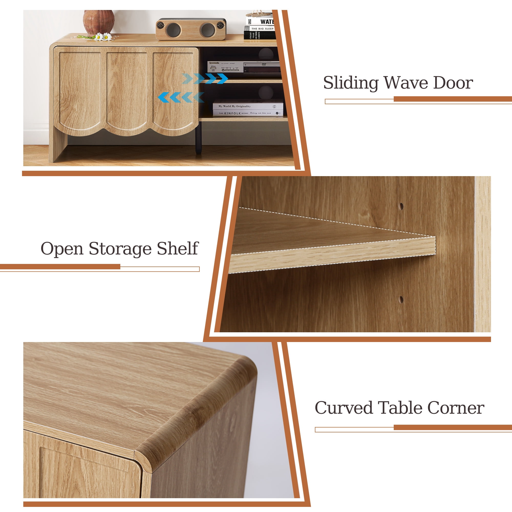 YOCWO TV Stands for 65 inch tv, TV Stand with Sliding Wave Doors, Wood Entertainment Center for TVs, Media Console Cabinet with Open Storage for Living Room, Natural
