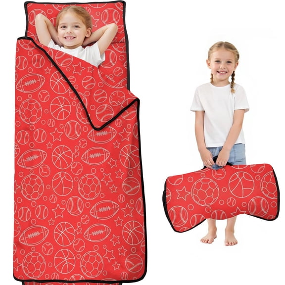 Football and Basketball Red Pattern Teens Toddler Nap Mat with Pillow, Sleeping Mat Bag for Preschool Daycare 59"x22"