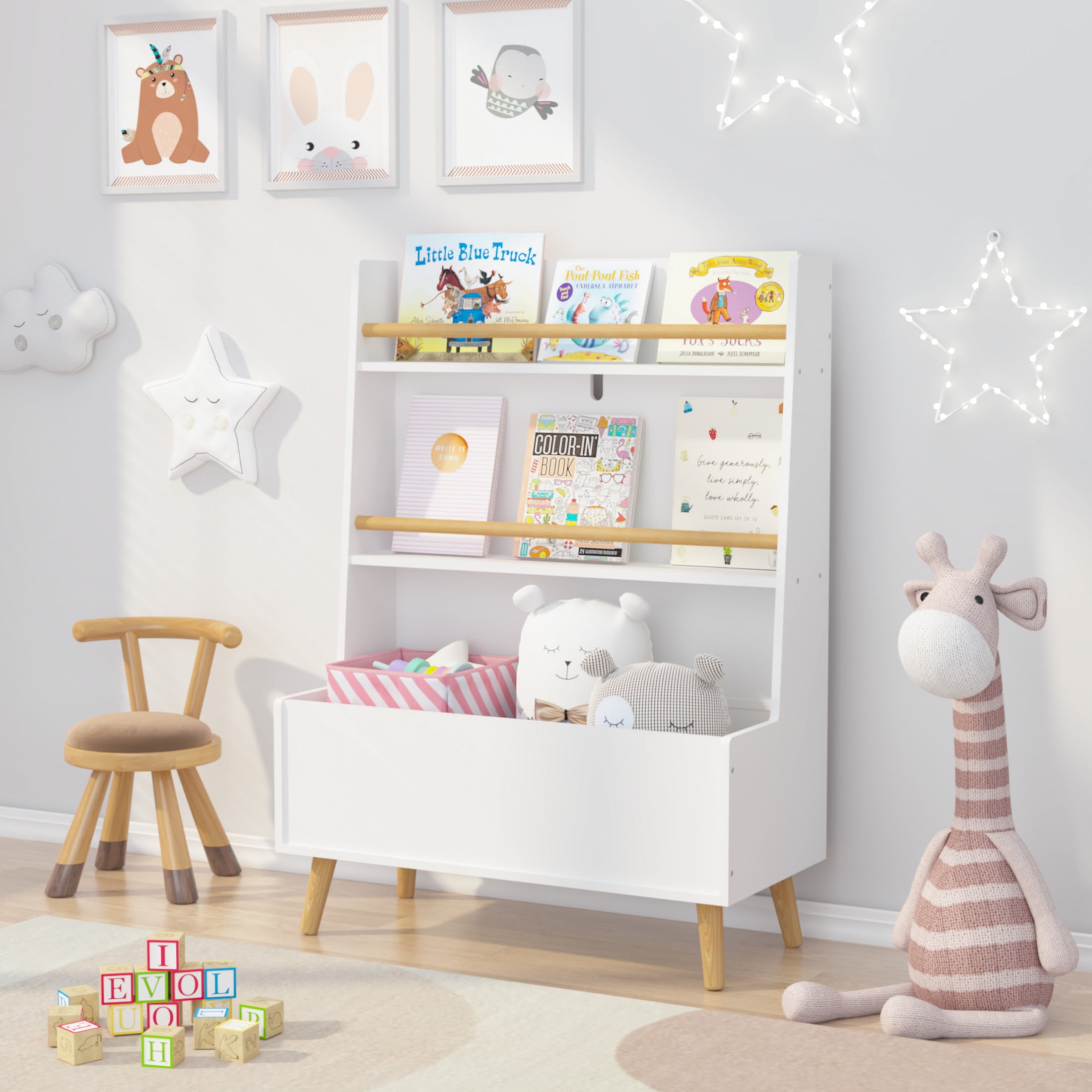 Noble House Solview Kids Bookshelf with Toy Bin, 2-Shelf Book and Magazine Rack Storage Cabinet Organizer, White