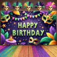 thumbnail image 5 of Gold Framed Mardi Gras Banner Purple Background Backdrop Colorful Feathers Masquerade Mask Carnival Display for Birthday Celebration Mardi Gras Party Indoor Decoration, 5 of 9