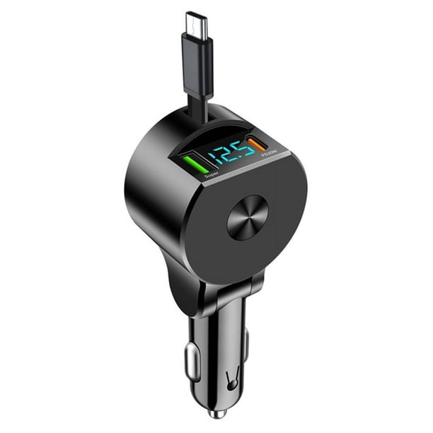 Cargador de Coche con Cable Retráctil y Pantalla Digital Compatible con para Carga Rápida PD30W Carga Superrápida 3 en 1