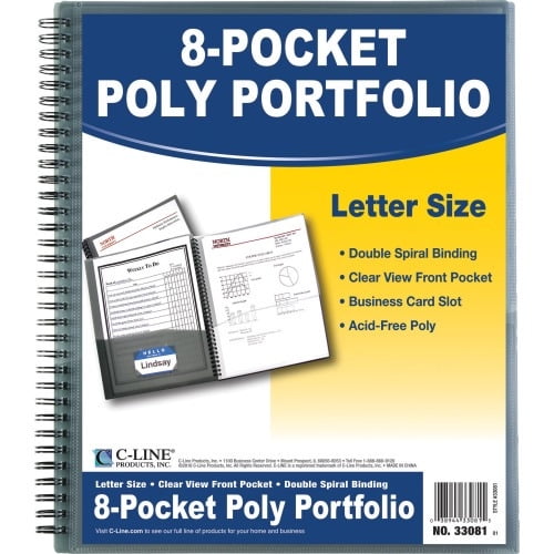 C-Line 8-Pocket Spiral-Bound Poly Portfolio Smoke, 1/EA, 33081
