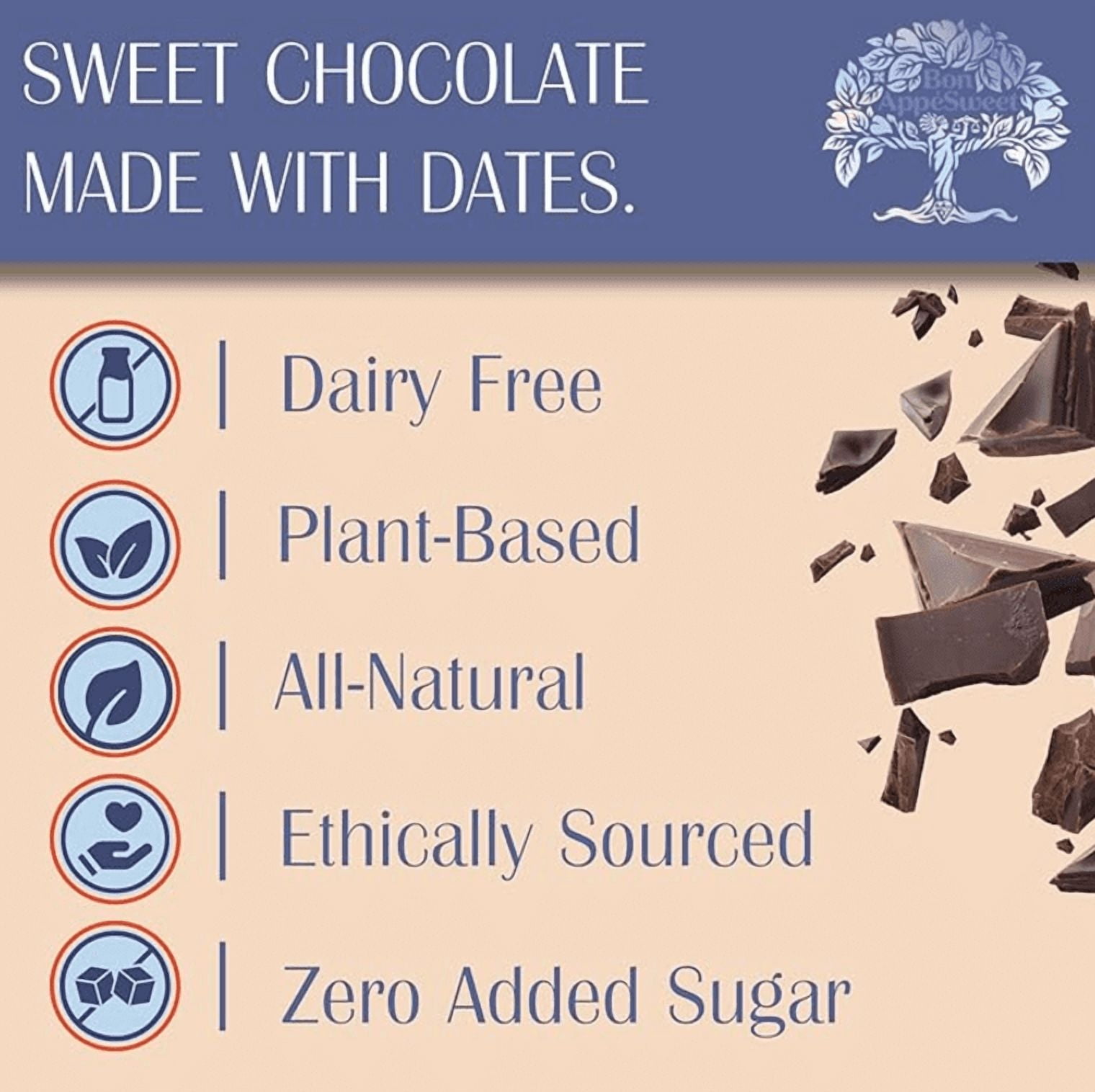 Bon Appesweet Date Sweetened Chocolate Bar - Better than Milk Chocolate | 2.2 Ounce (Pack of 5) | Organic, Zero Added Sugar, 54% Cacao, Plant Based, Dairy Free, and Guilt Free!