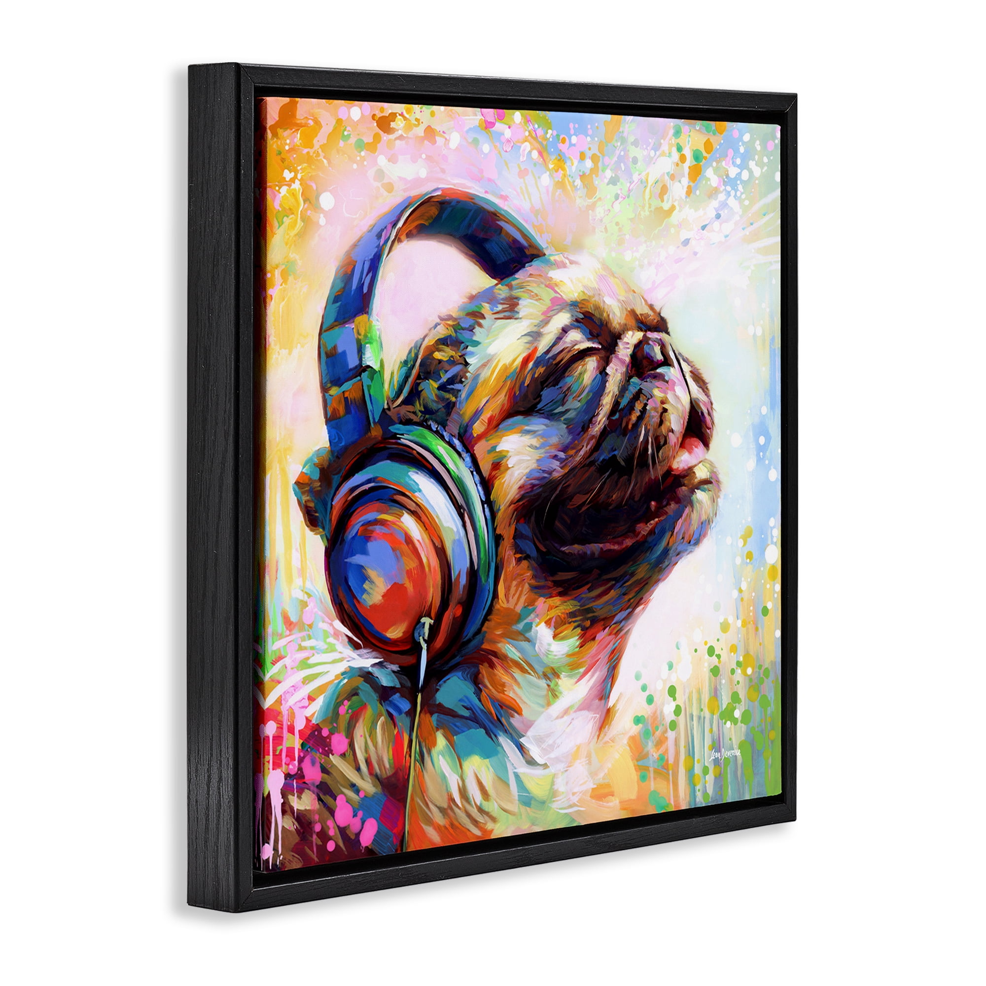 Stupell Industries Blissful Music Pug Animals & Insects Painting Black Floater Framed Canvas Art Print Wall Art, 25 x 25