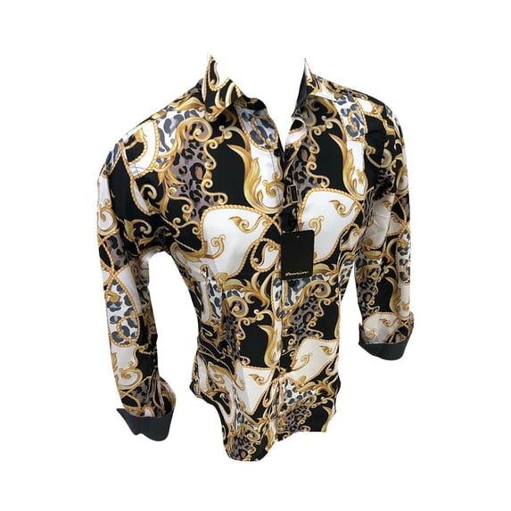 Mens PREMIERE Long Sleeve Button Down Dress Shirt White Gold Leaf Abstract